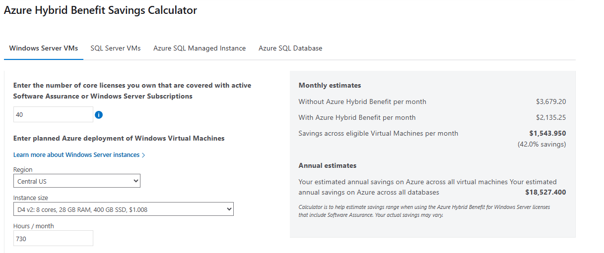 Azure Hybrid Savings Calculator