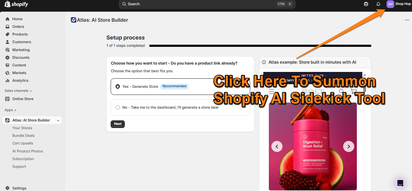 how to summon shopify ai sidekick tool