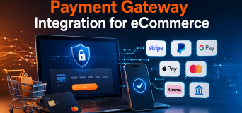 Payment gateway integration architecture showing Stripe, PayPal, webhooks, digital wallets, fraud protection, and secure checkout workflows.