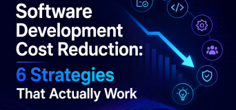 Chart showing software development cost breakdown across discovery, development, QA, DevOps, and project management phases with cost reduction opportunity at each stage