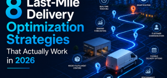 Infographic showing eight last-mile delivery optimization strategies including AI route optimization, micro-fulfilment centres, parcel lockers, and predictive delivery windows