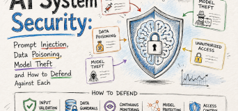 Diagram of AI-specific security attack vectors including prompt injection, data poisoning, model inversion, adversarial examples, and model extraction