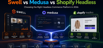 Comparison chart of Swell Commerce, Medusa.js, and Shopify Hydrogen across hosting, cost, ecosystem, and checkout flexibility