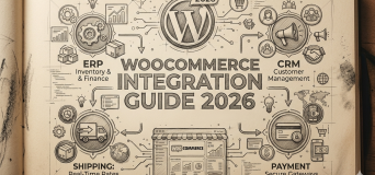 WooCommerce integration architecture diagram showing ERP, CRM, shipping, and payment gateway connections via REST API